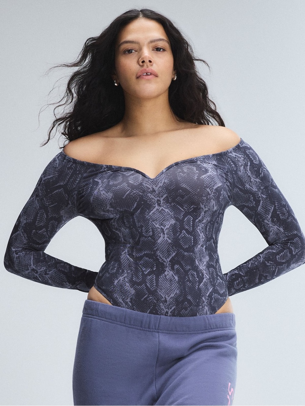 Savage X Fenty Off-Shoulder Snake Print Bodysuit in Charcoal Gray